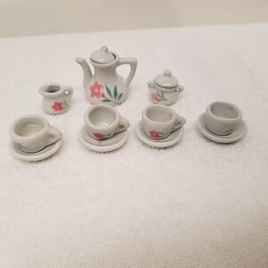 Mini Porcelain Tea Set - Ceramic Pretend Play Set 13 Pieces Floral doll teaset